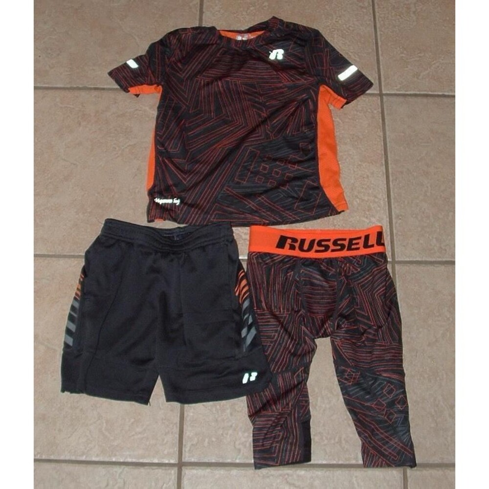 Boys Sz XS 4/5 Dark Gray Athletic Dri-Power Shorts & Shirt 3 Pc Lot RUSSELL